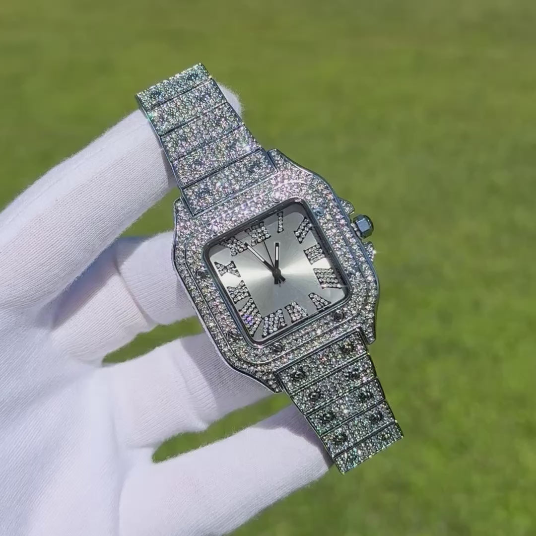 Square White Gold Dial VVS Numerals Iced Out Diamond Watch