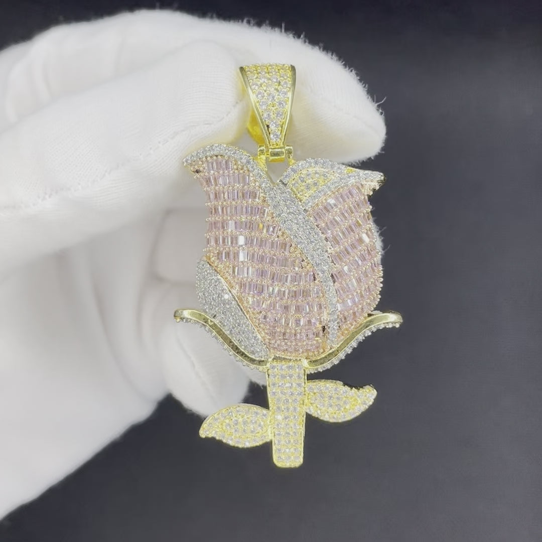Rose Flower Fully Detailed Elegant Iced Out Diamond Pendant
