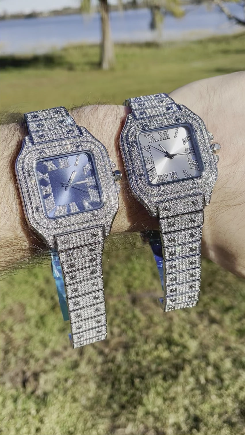 Square Blue Dial VVS Numerals Iced Out Diamond Watch