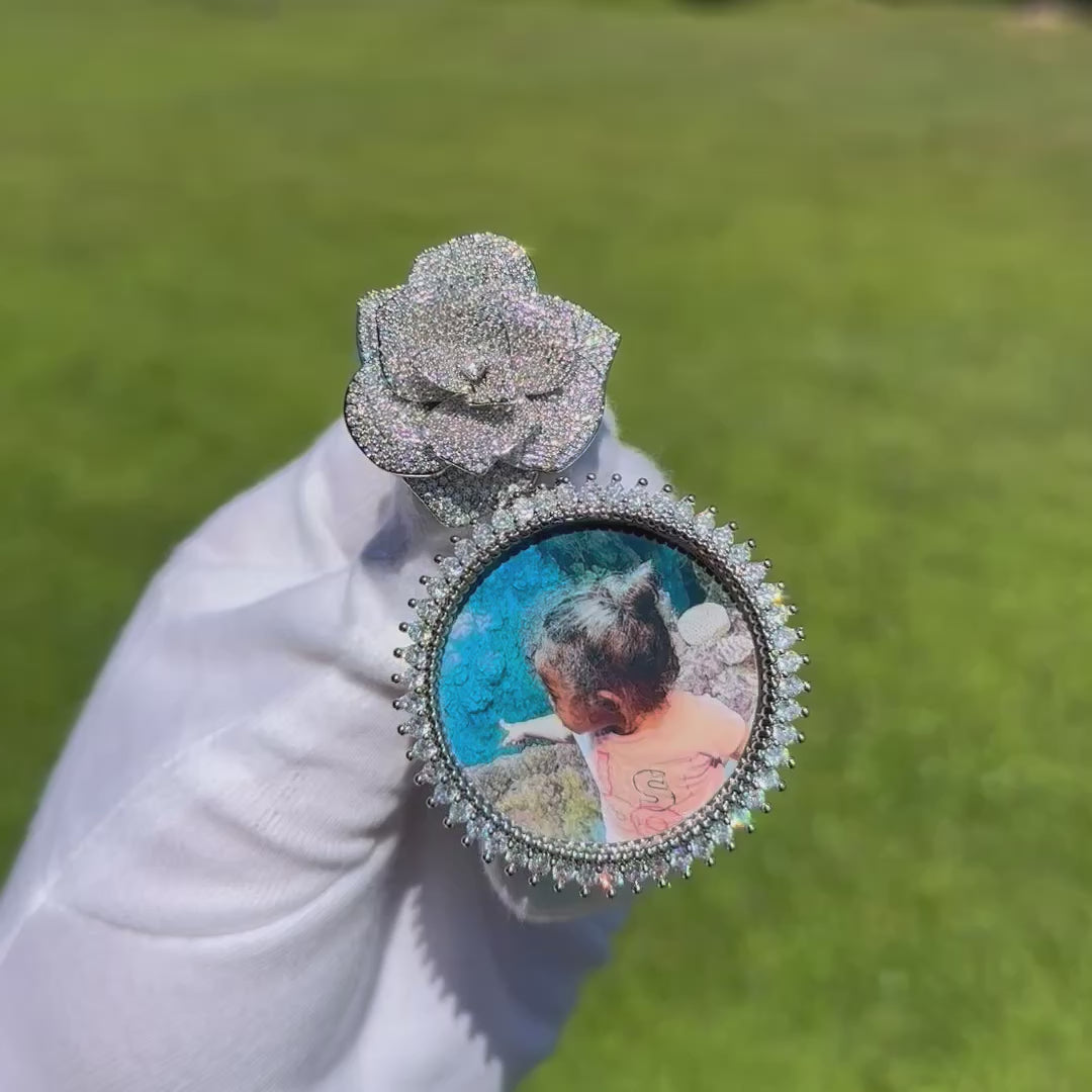 Rose Flower Bail Round Tennis Custom Photo Picture Pendant Necklace