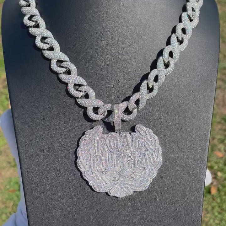 Road Runna Two Tone Badge Iced Out Letter Diamond Pendant Necklace