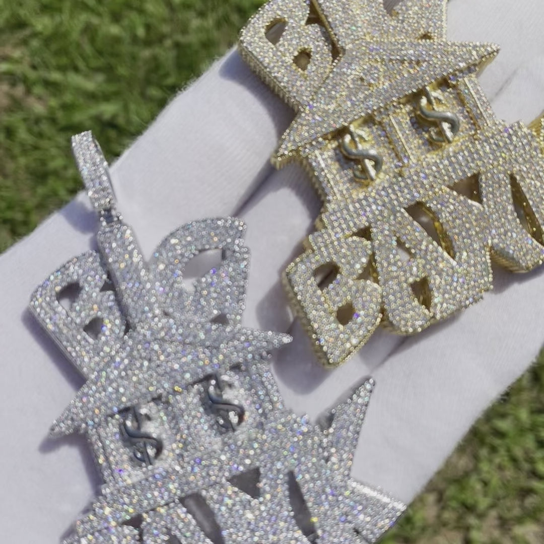 Big Bank with Dollar Signs Iced Out Letter Diamond Pendant Necklace