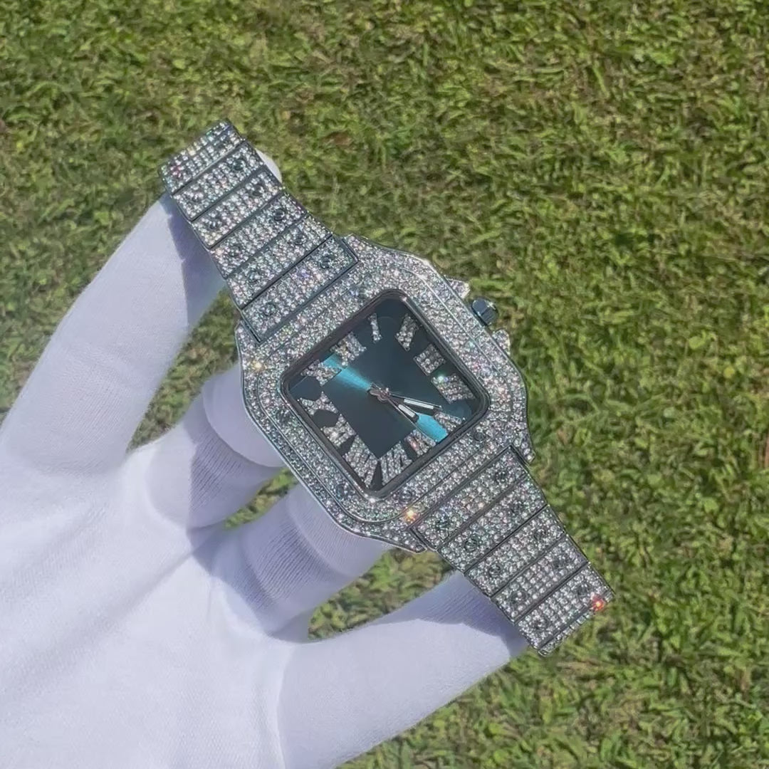 Square Blue Dial VVS Numerals Iced Out Diamond Watch
