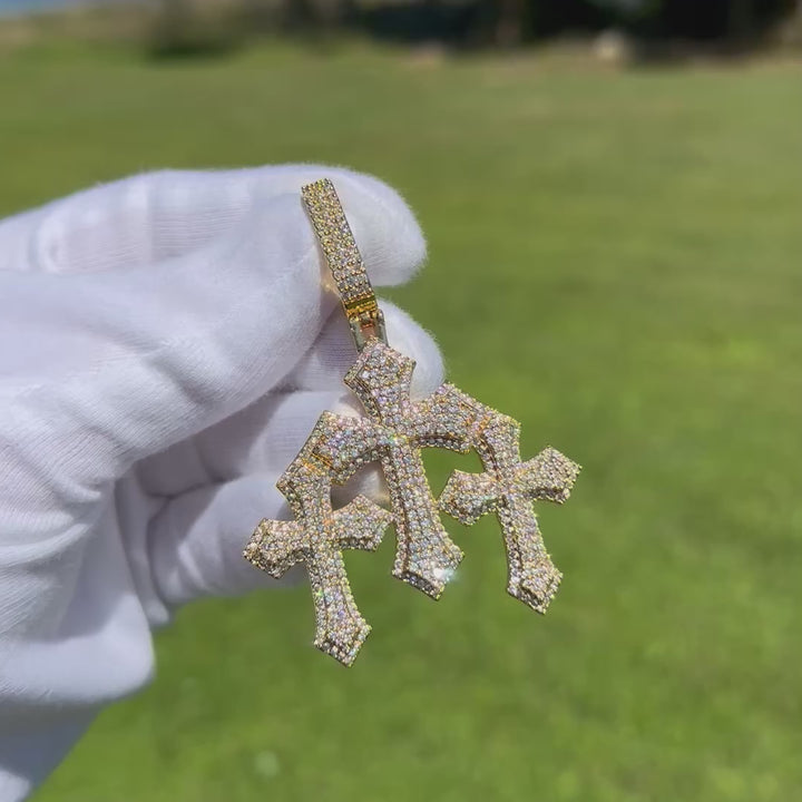 Triple Cross Iced Out Diamond Pendant Necklace