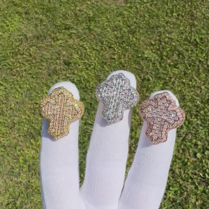 Cross Baguette Iced Out Diamond Ring