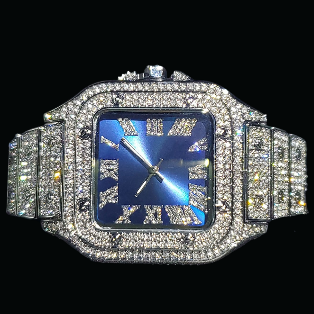 Luxury Iced Out Square Body Blue Detailed Watch