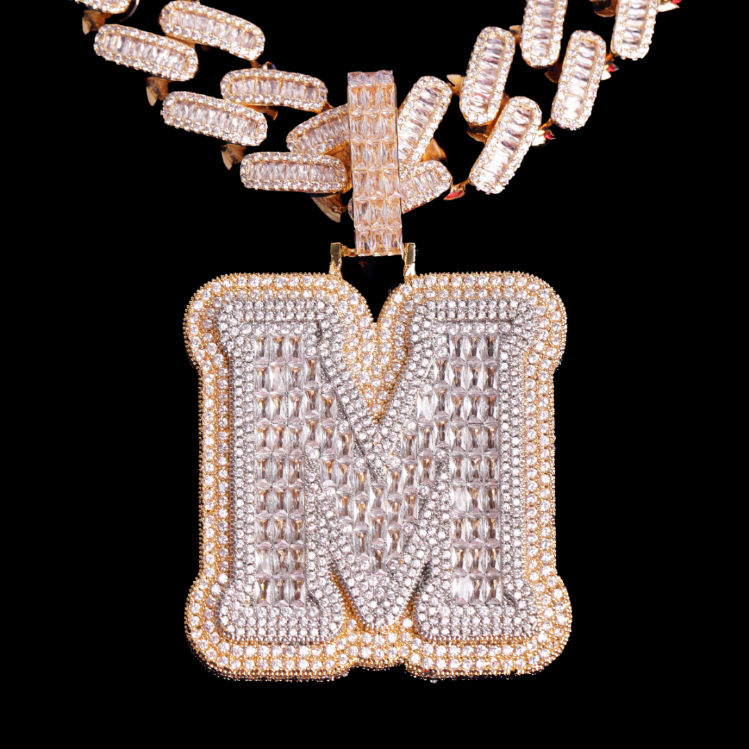 BIG Iced n Diamond Two Layers A~Z Single Baguette Initial Necklace Chain