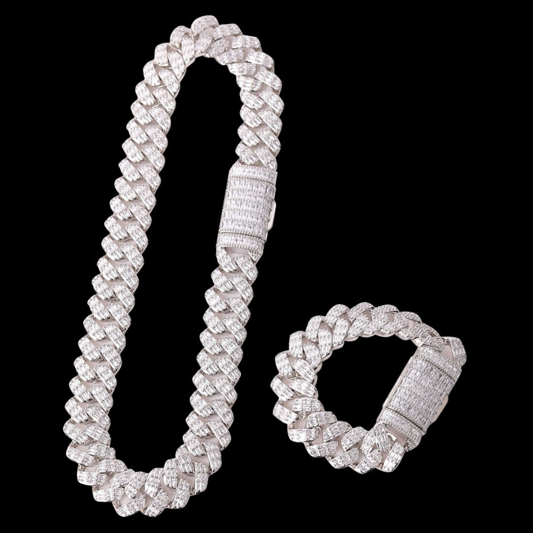 Baguette Cut Iced Out Diamond Clasp Necklace Bracelet Set