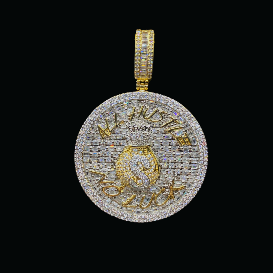 All Hustle No Luck Luxury Design Name Badge Iced Out Pendant