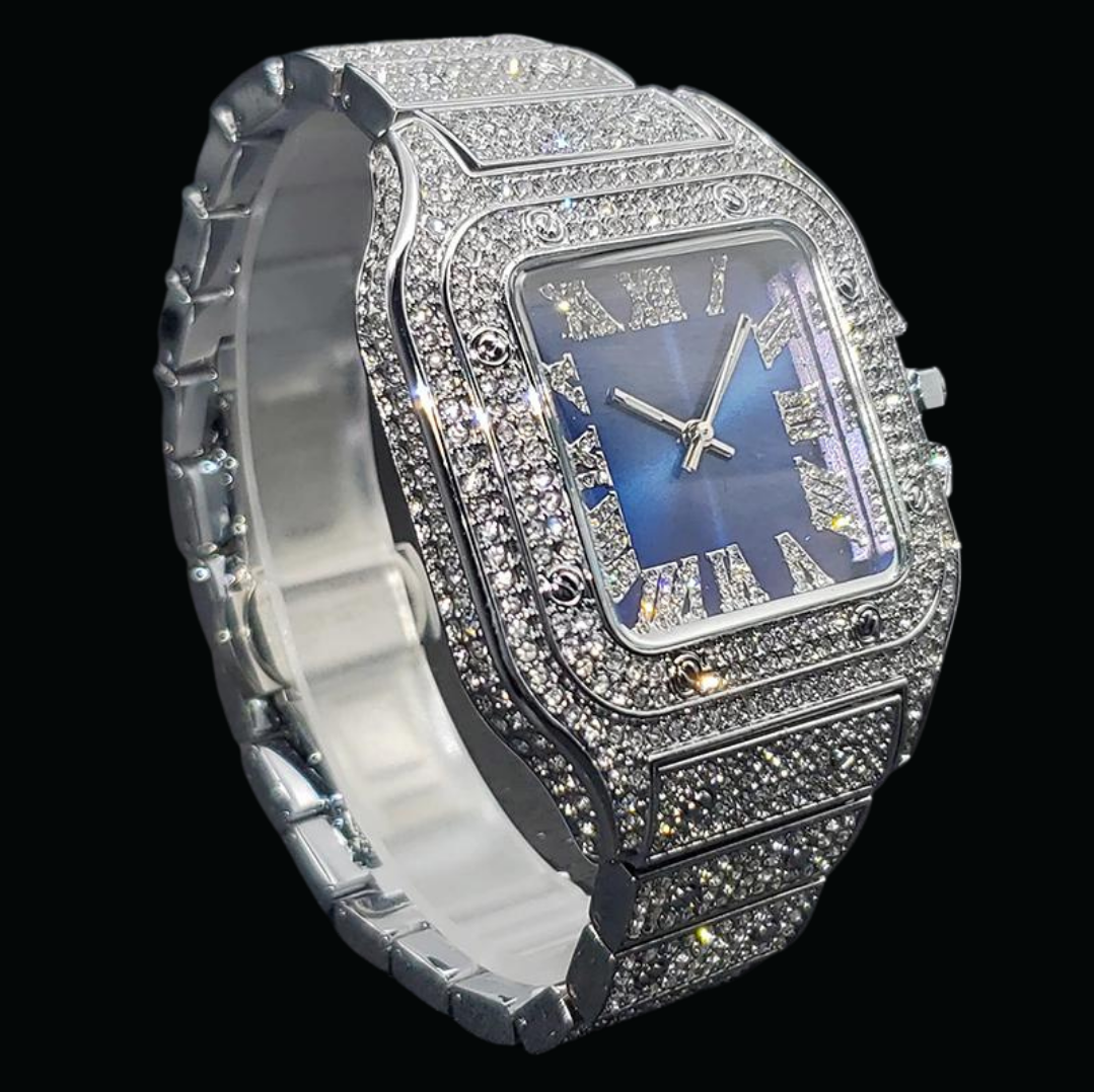 Square Blue Dial VVS Numerals Iced Out Diamond Watch