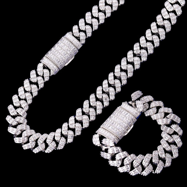 20MM Baguette Cut Diamond Clasp Iced Out Diamond Necklace Bracelet Set