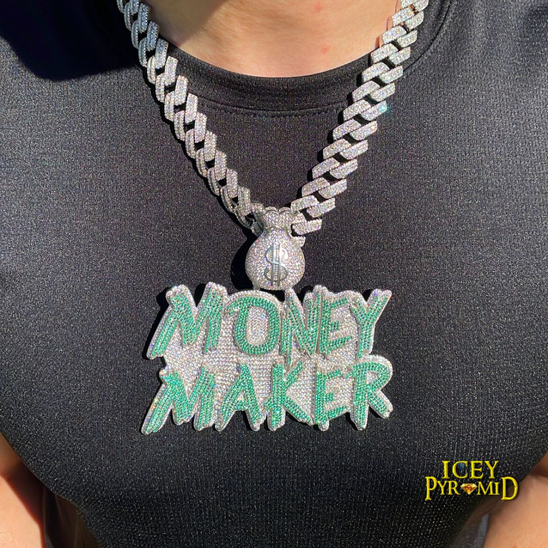 Money Bag Bail Two Tone Solid Base Iced Out Custom Name Letter Necklace