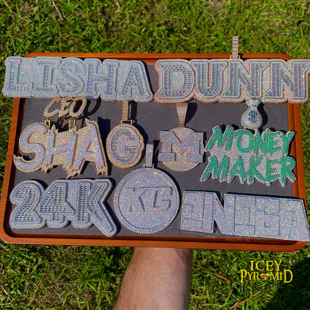 Money Bag Bail Two Tone Solid Base Iced Out Custom Name Letter Necklace