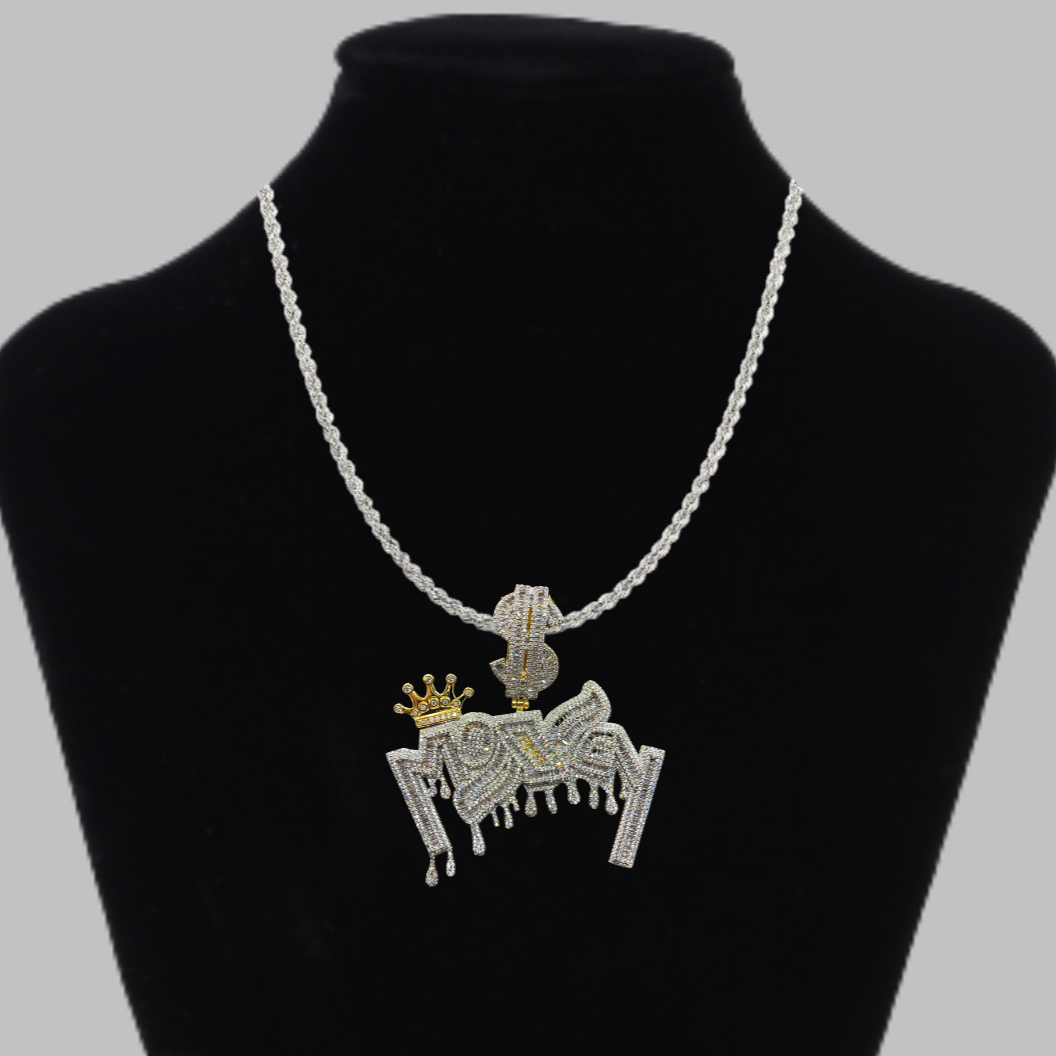 Money with Dollar Bail Iced Out Letter Diamond Pendant Necklace