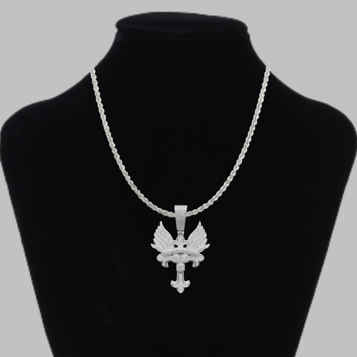 Cross Angel Wings Iced Out Diamond Pendant Necklace