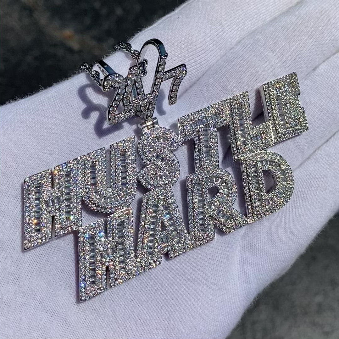 24/7 Hustle Hard Letter Iced Out Letter Diamond Pendant Necklace