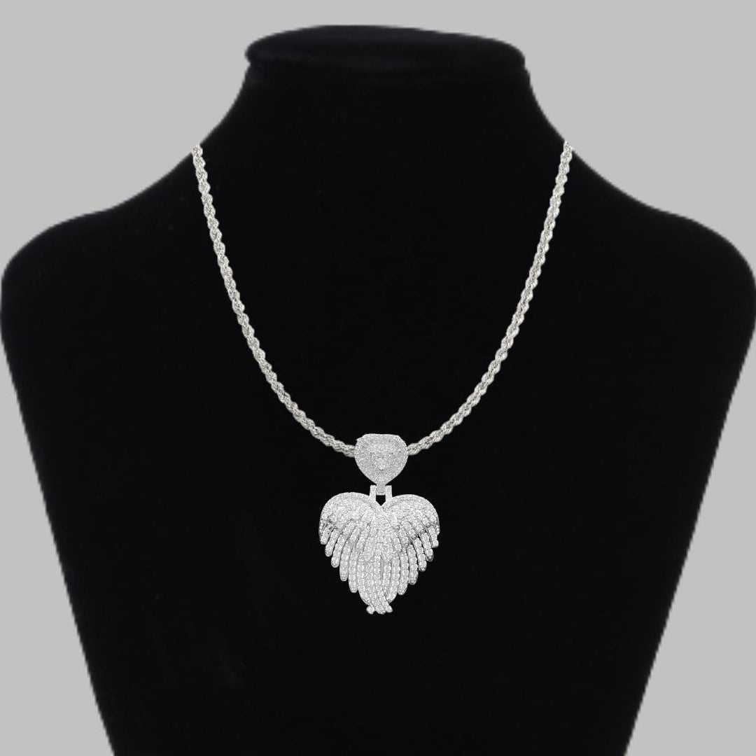Angel Wings Heart Tennis Iced Out Diamond Pendant Necklace