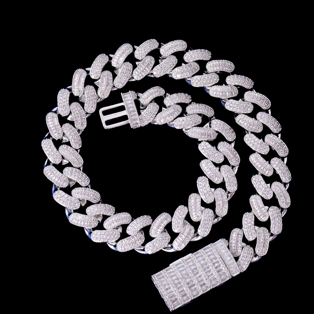 20MM Stones and Baguette Cuban Link Iced Out Diamond Necklace Chain ...