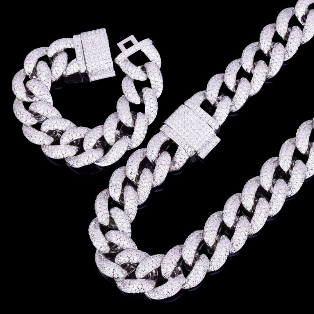 Iced Out VVS Shine Big Clasp Cuban Necklace Bracelet Set