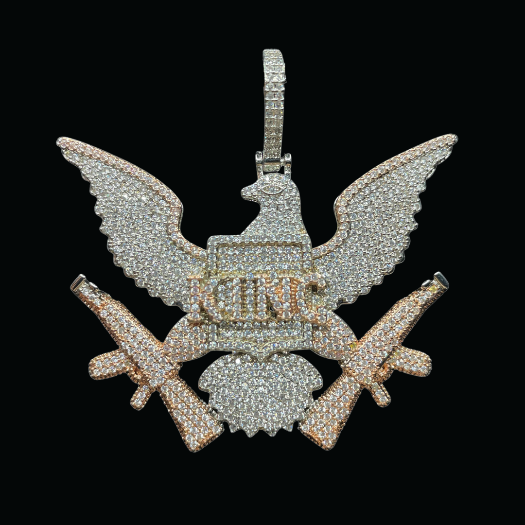King on Bald Eagle with AKs Iced Out Letter Diamond Pendant Necklace