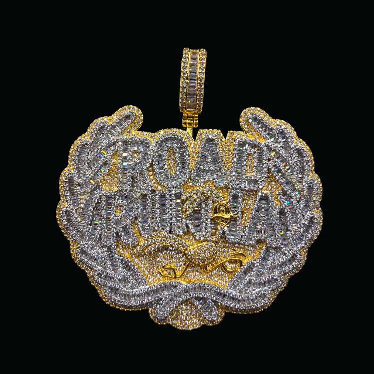 Road Runna Two Tone Badge Iced Out Letter Diamond Pendant Necklace