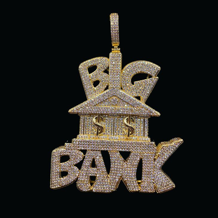 Big Bank with Dollar Signs Iced Out Letter Diamond Pendant Necklace