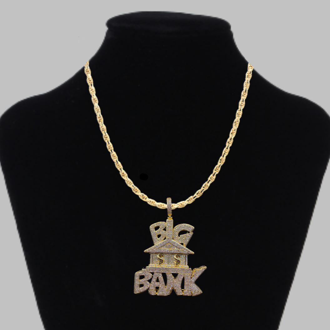 Big Bank with Dollar Signs Iced Out Letter Diamond Pendant