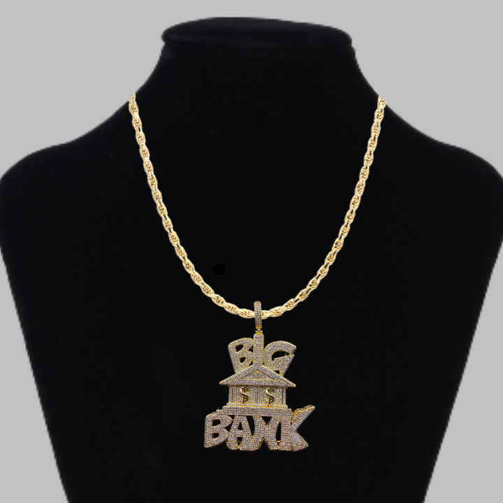 Big Bank with Dollar Signs Iced Out Letter Diamond Pendant Necklace