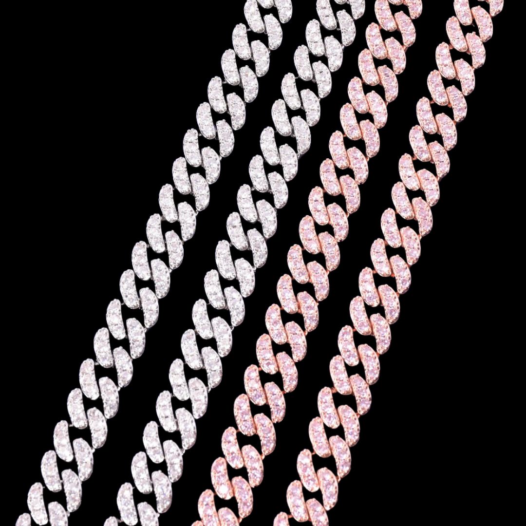 Metallurgy 15mm Iced Out Miami Cuban Link Chain Bracelet – Clear Pink Rhinestone, White Gold Plate, Men's Hip Hop Style