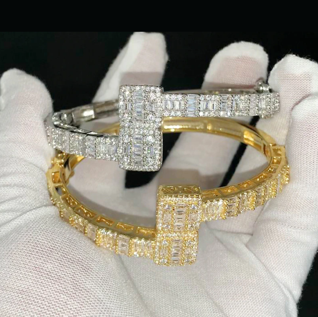 Iced Out Bling Opened Square Charm Baguette Bracelet