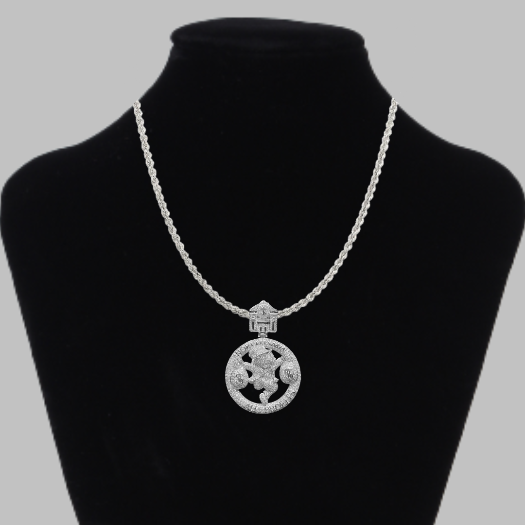 World is Mine All Profits Dollar Bag Iced Out Letter Diamond Pendant