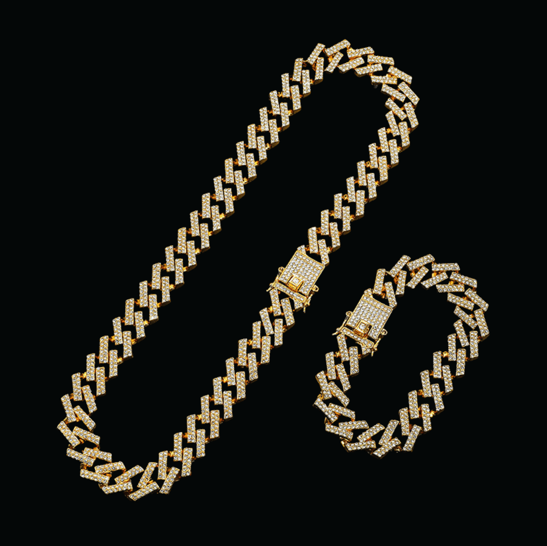 18K Gold Plated Iced Out Cuban Link Necklace Bracelet SET - Icey Pyramid