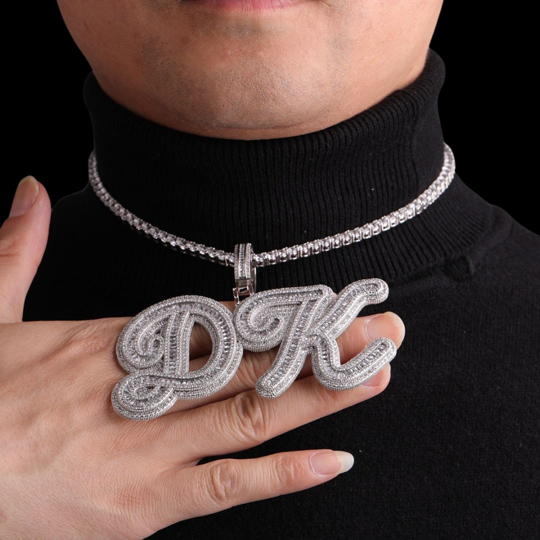 Designer Font Baguette Iced Out Personalized Custom Name Necklace Pendant