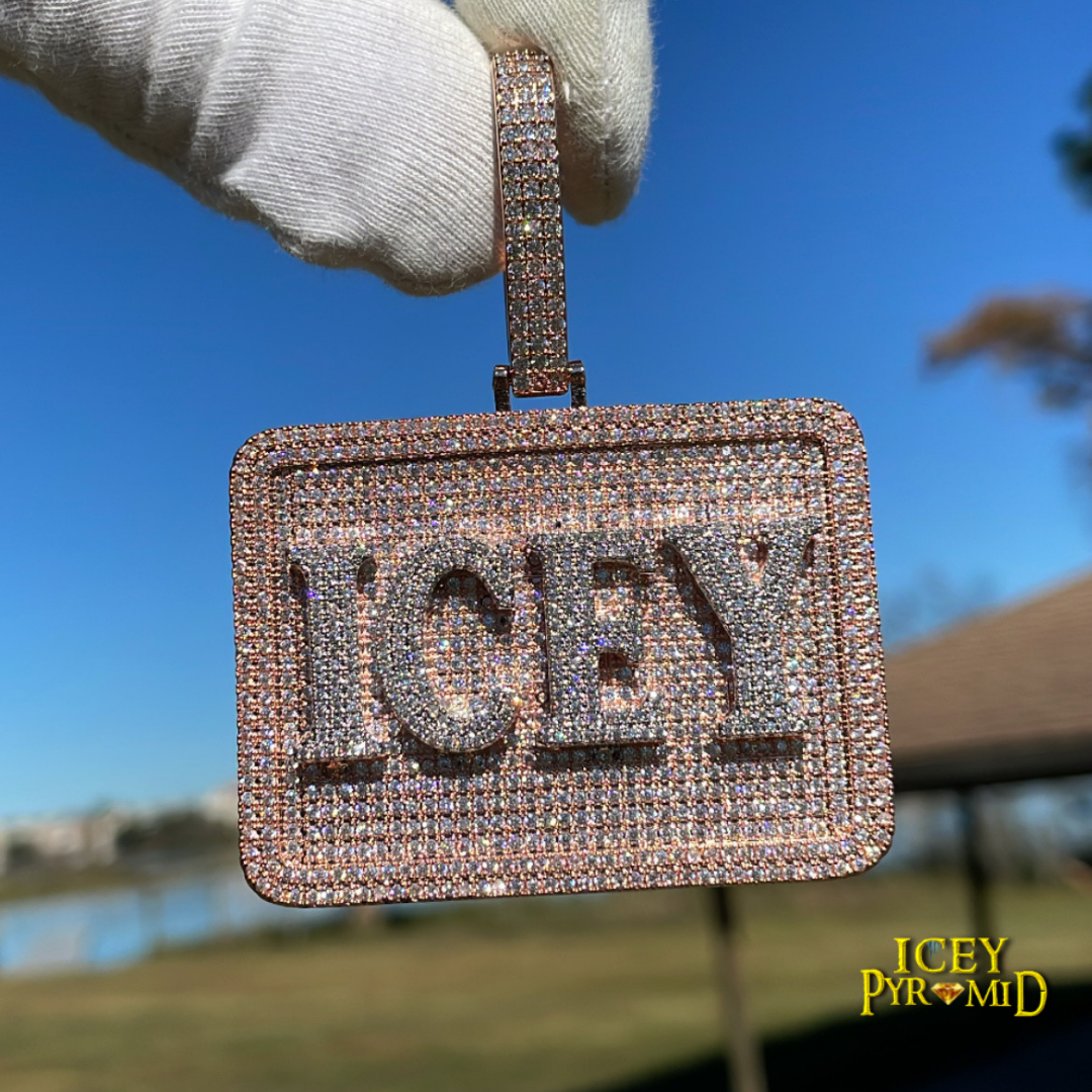 Your Initial or Name on Rectangle Diamond Iced Out Personalized Custom Necklace Pendant