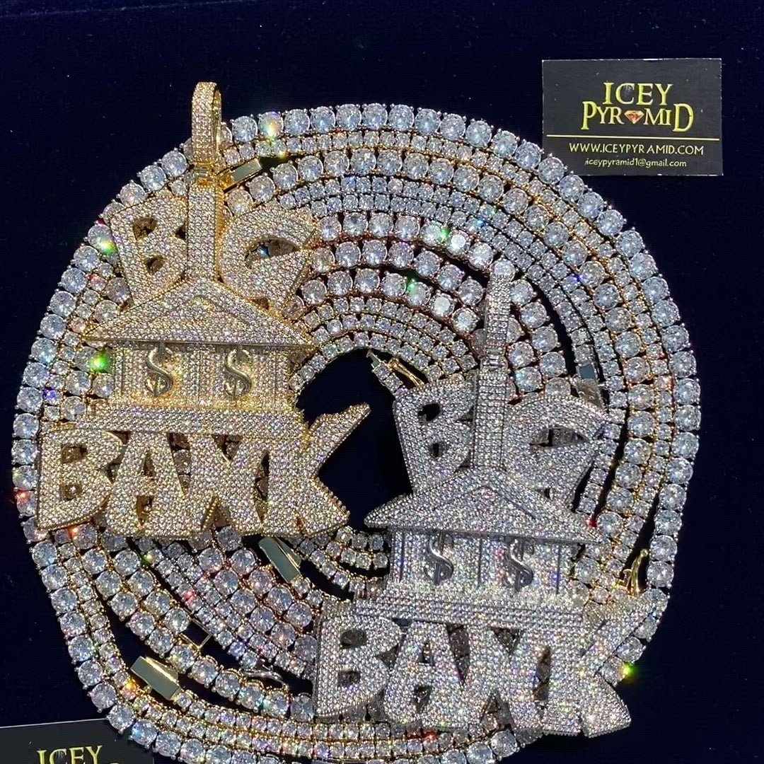 Big Bank with Dollar Signs Iced Out Letter Diamond Pendant Necklace