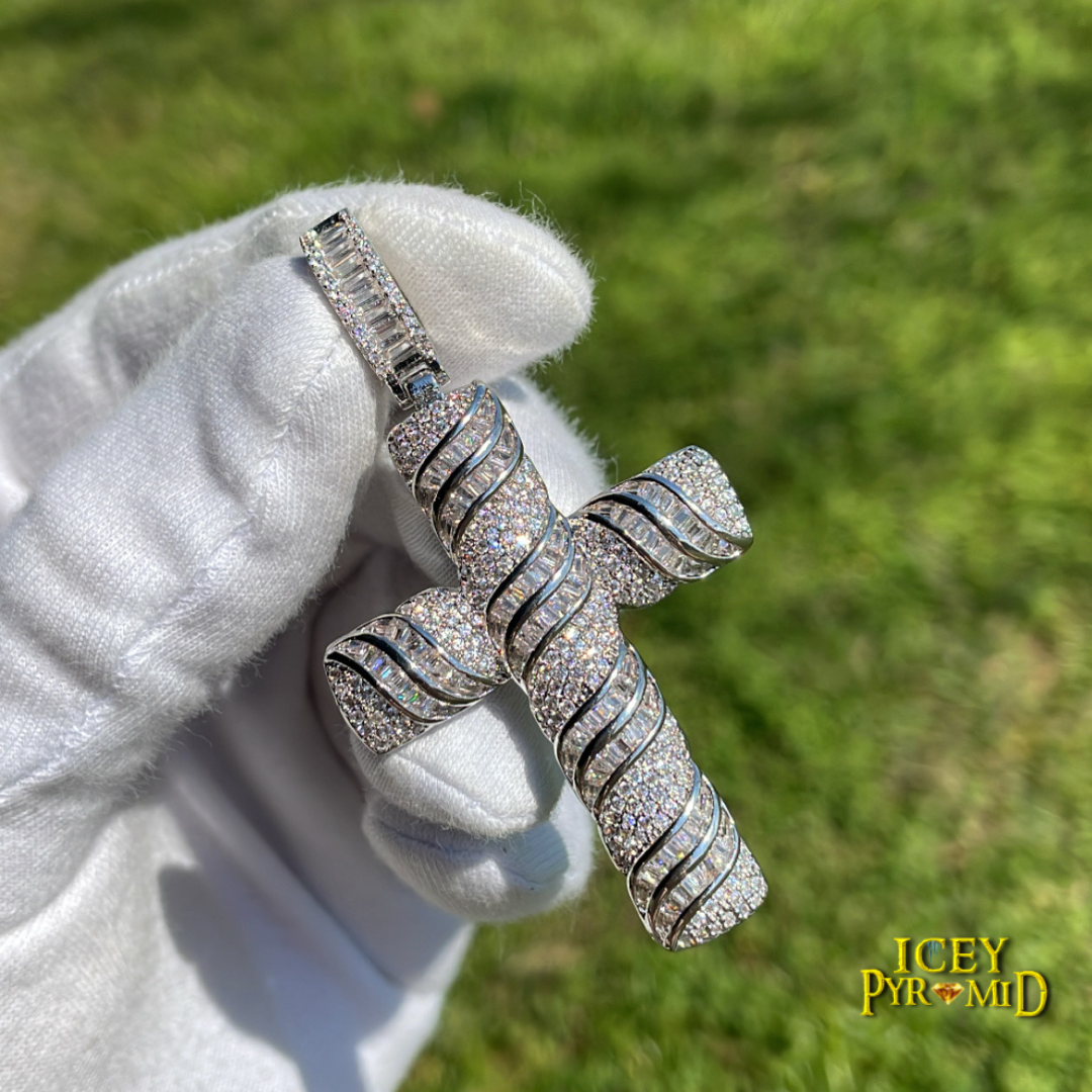 Cross Baguette Steel Edition Iced Out Diamond Pendant