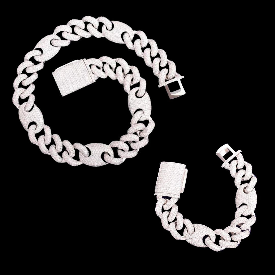 14MM Bean and Links Cuban Iced Out Diamond Necklace Bracelet Set