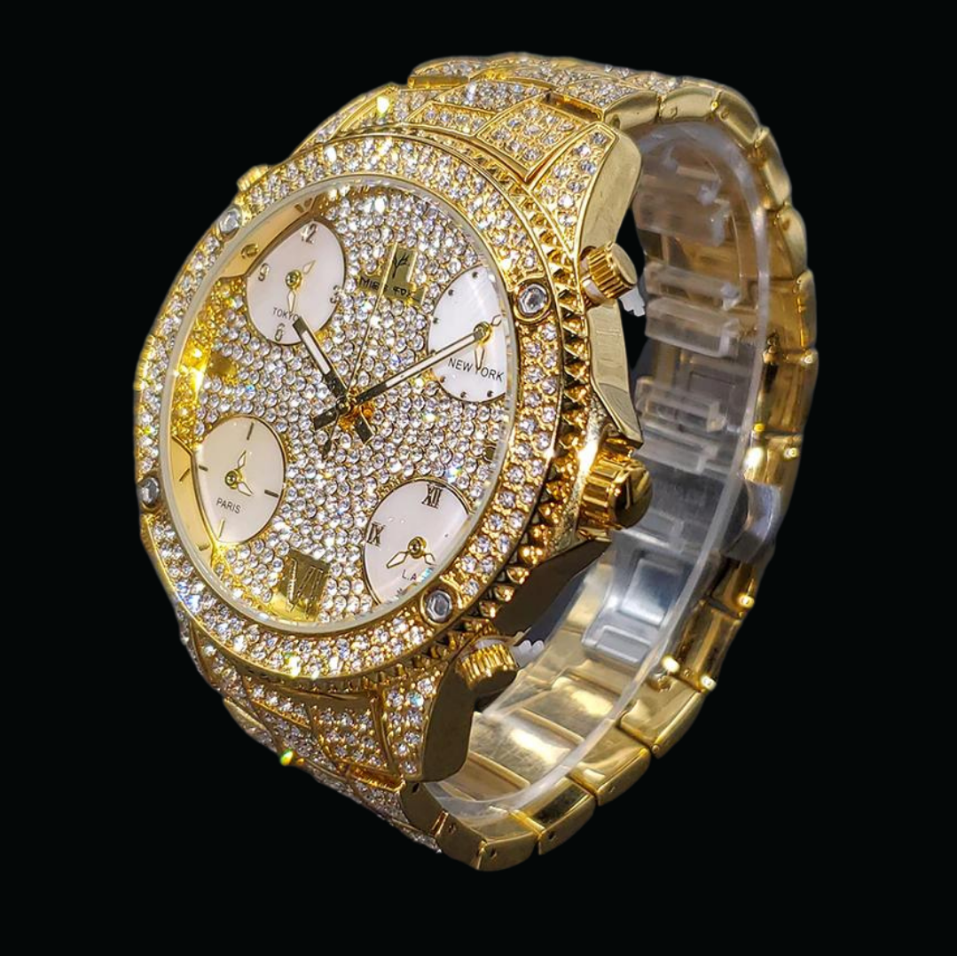 Waterproof Big Face Dual Time 18K Gold Edition Men's Iced Out Watch