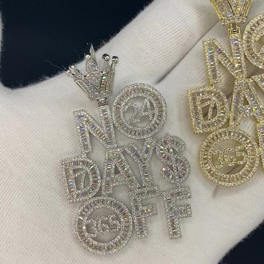 No Days OFF Crown Bail Iced Out Letter Diamond Pendant Necklace
