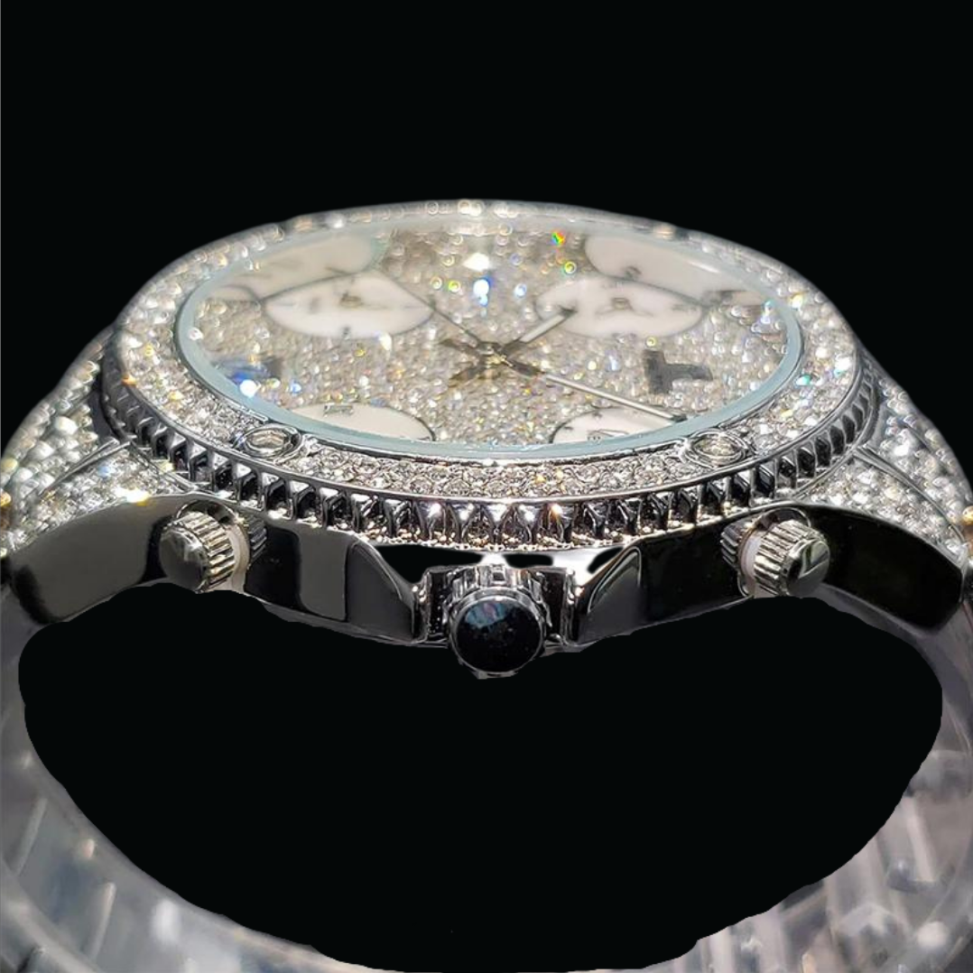 Waterproof Big Dial Dual Time Iced Out Diamond Watch