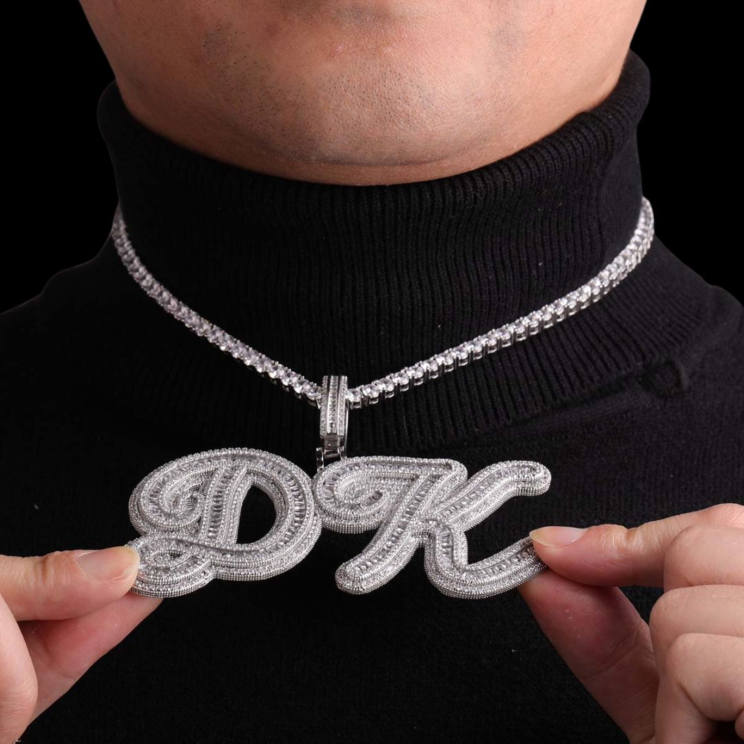 Designer Font Baguette Iced Out Personalized Custom Name Necklace Pendant