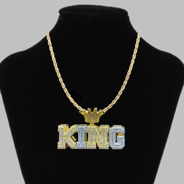 King with Crown Iced Out Letter Diamond Pendant Necklace