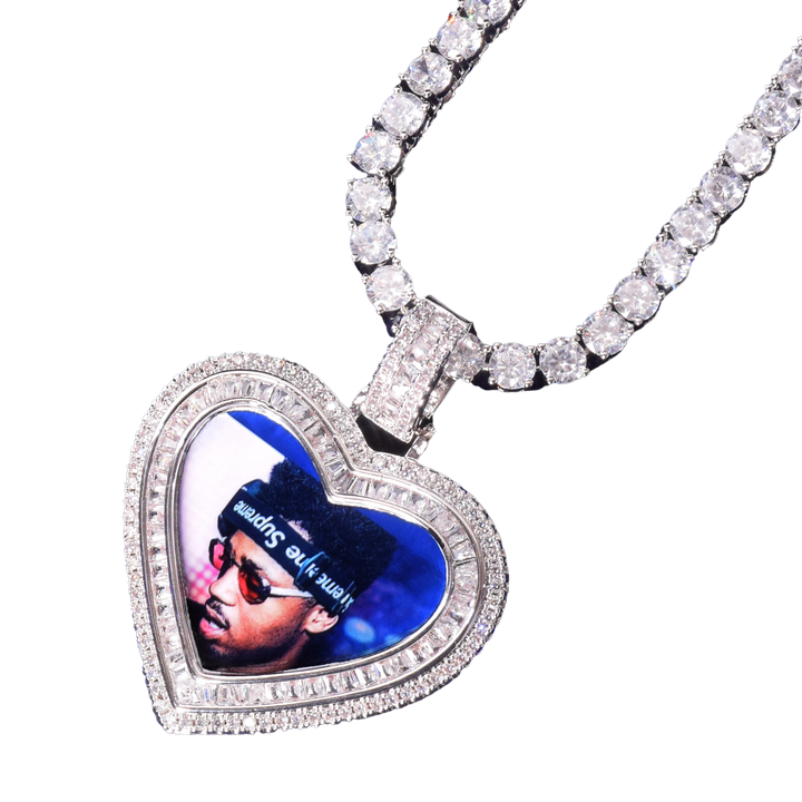 Heart Baguette Custom Photo Picture Pendant Necklace