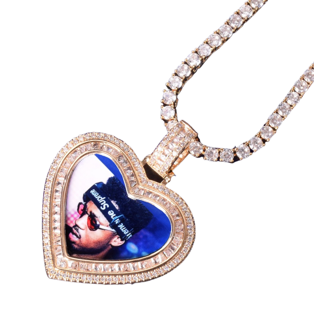 Heart Baguette Custom Photo Picture Pendant Necklace