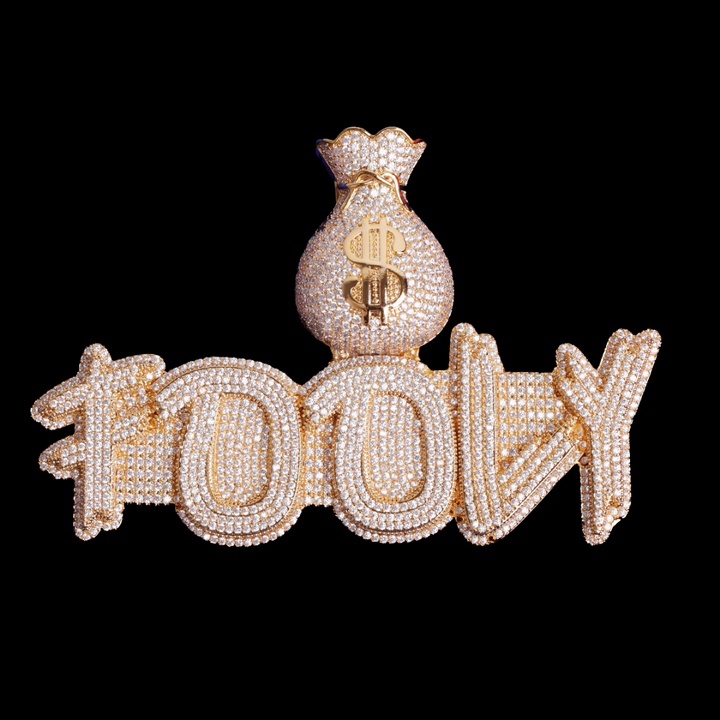 Money Bag Bail Two Tone Solid Iced Out Personalized Custom Name Necklace Pendant