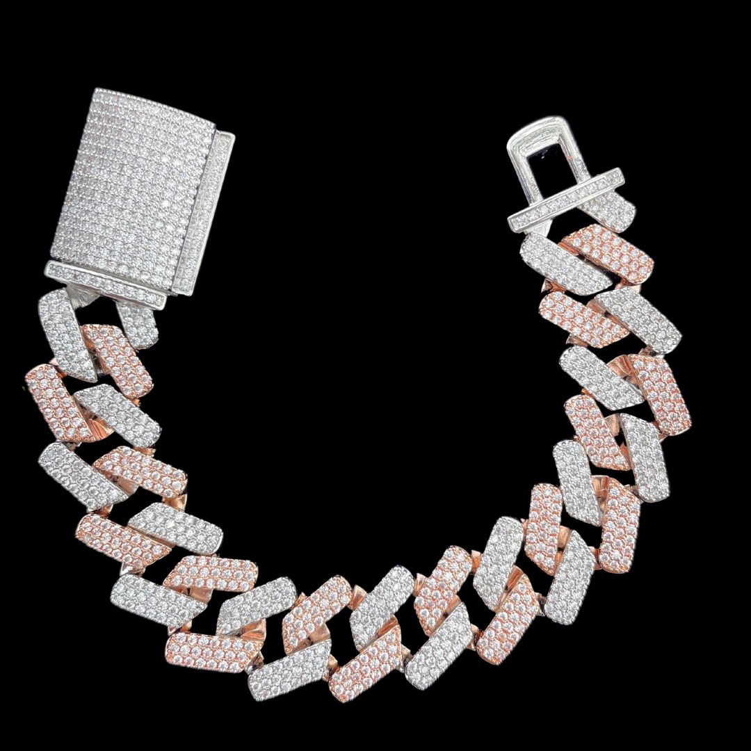 20MM Solid Duo Rose Iced Out Diamond Necklace Bracelet Set
