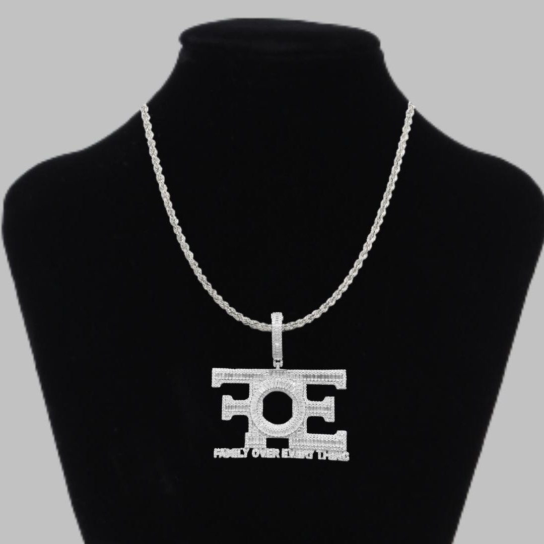 Family Over Everything Iced Out Letter Diamond Pendant Necklace