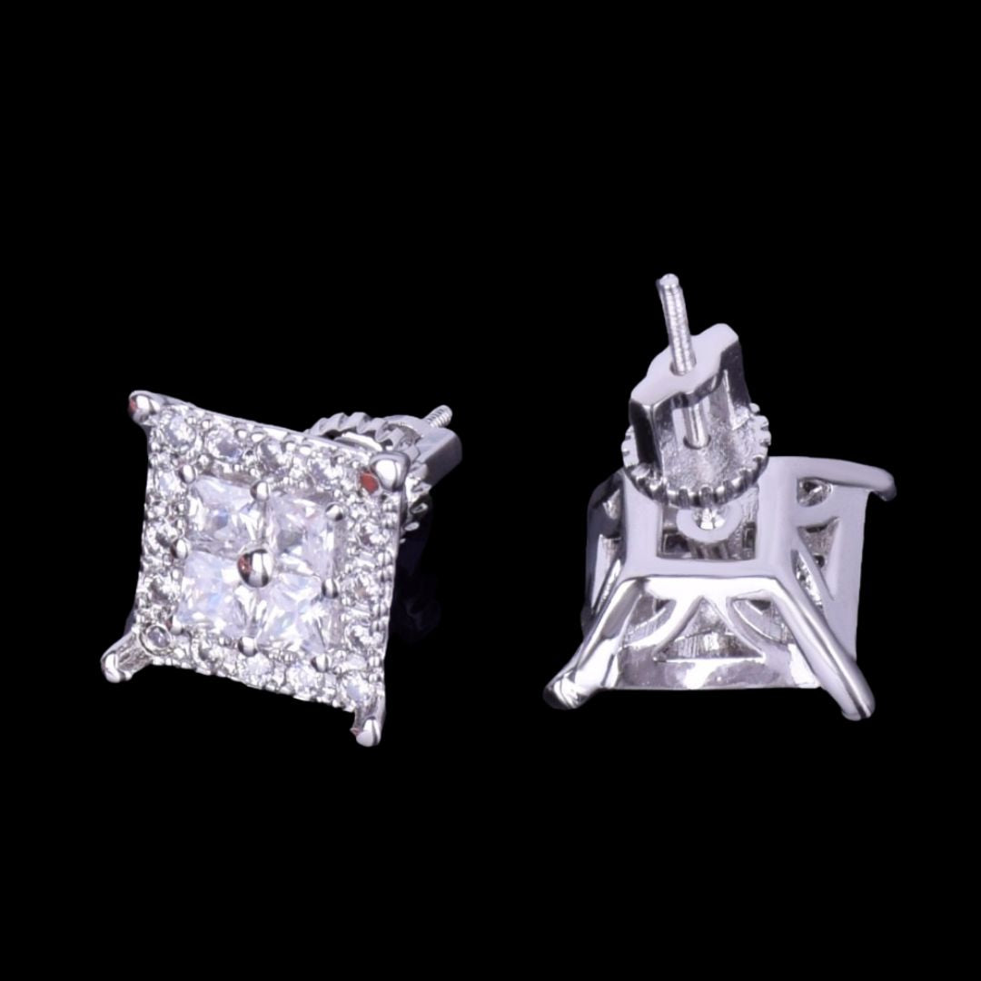 12MM Square Shiny Screw Back Iced Out Diamond Stud Earrings