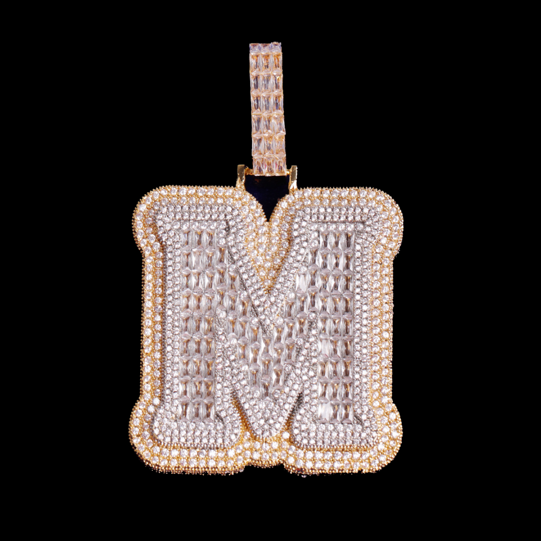 BIG Iced n Diamond Two Layers A~Z Single Baguette Initial Necklace Chain