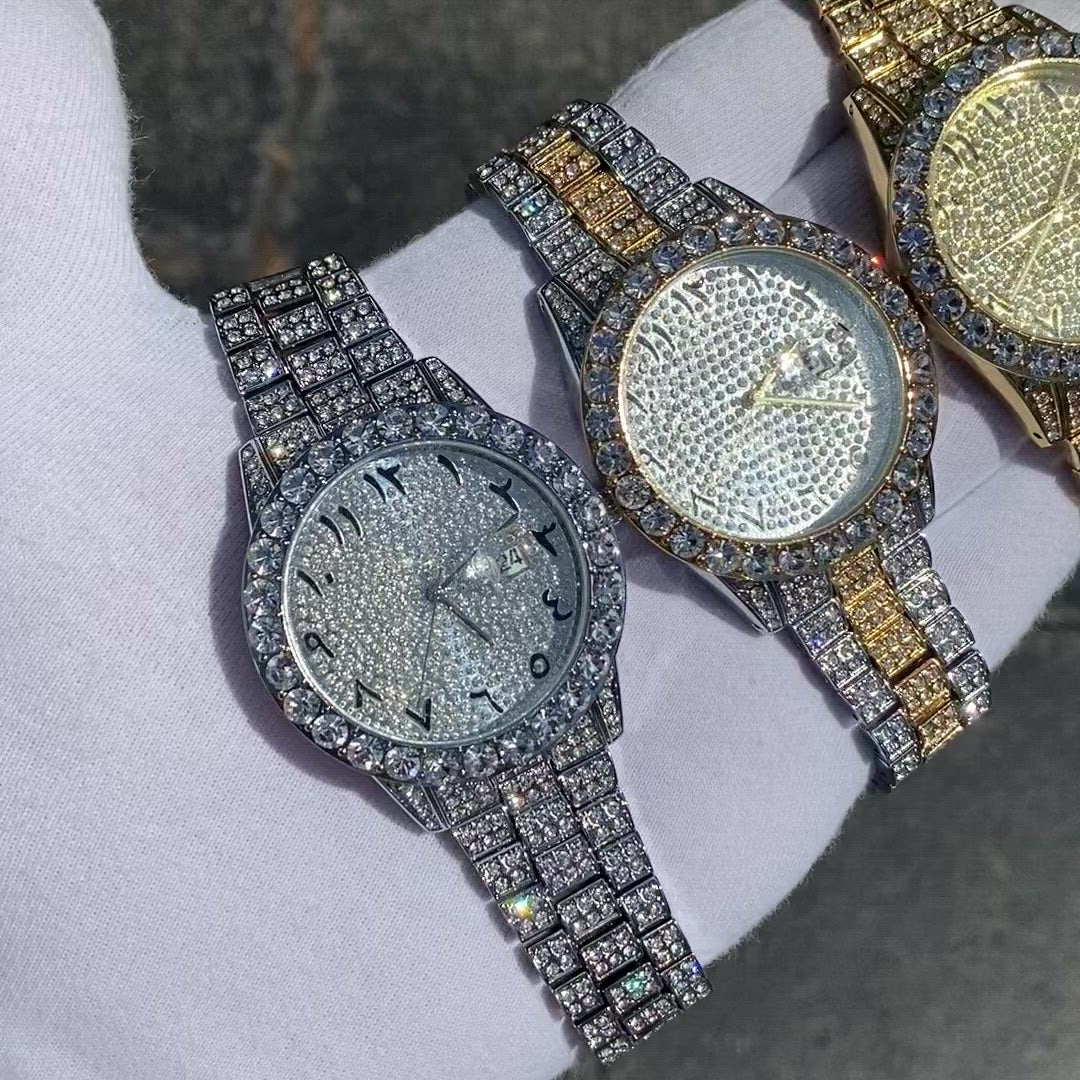 Arabic Numerals Date Iced Out Diamond Watch